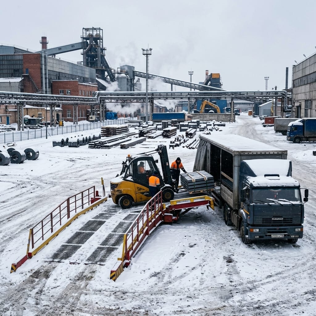 Мобильная рампа DoorHan RMTS-6000 на металлообрабатывающем заводе в Колпино — погрузка зимой при морозе -18°C