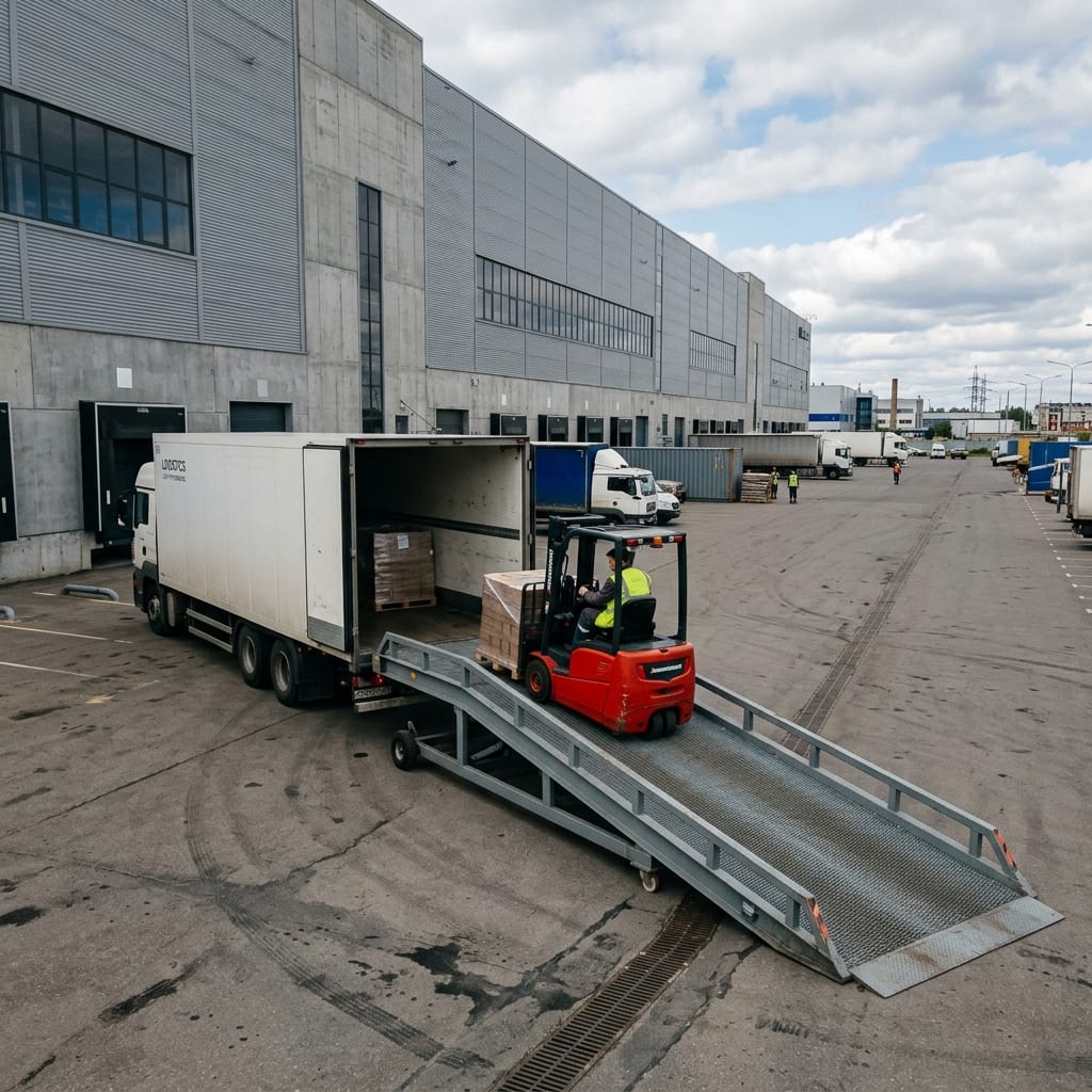 Мобильная рампа DoorHan RMTS-7000 на складском комплексе в Шушарах СПб — разгрузка фуры электропогрузчиком